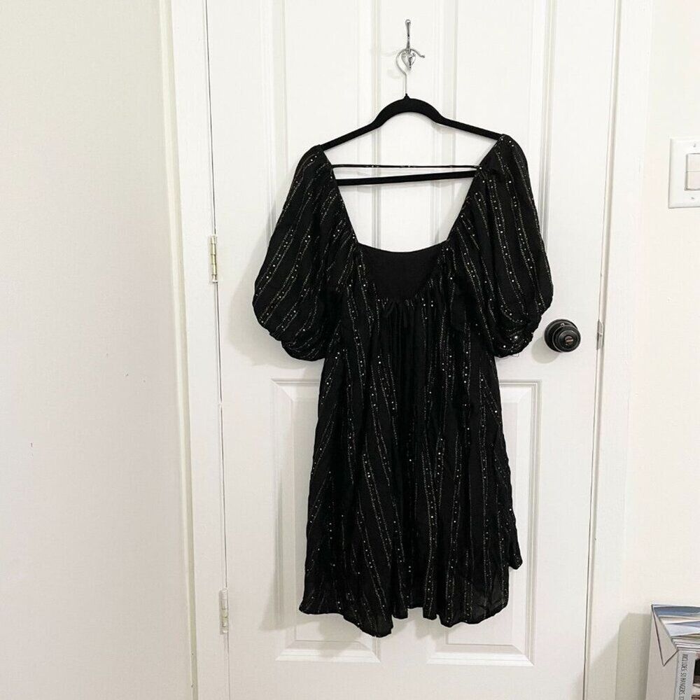 Women By Together Striped Sequin Puff Sleeve Babydoll Dress Black Green Small - Picture 2 of 12